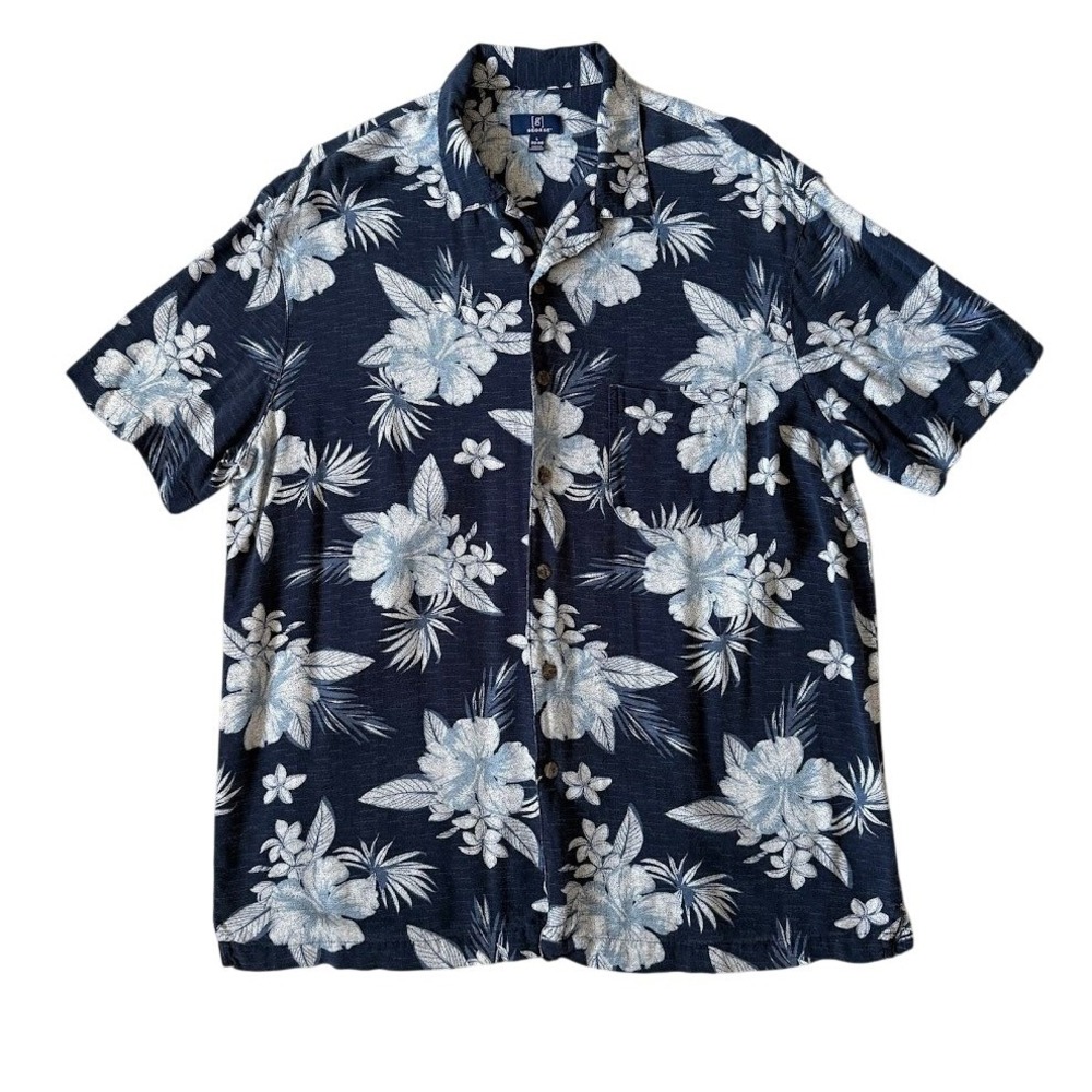 George Mens Navy Blue Floral Hawaiian Shirt L‎ 42-44 GM20Y038 Rayon Button Up